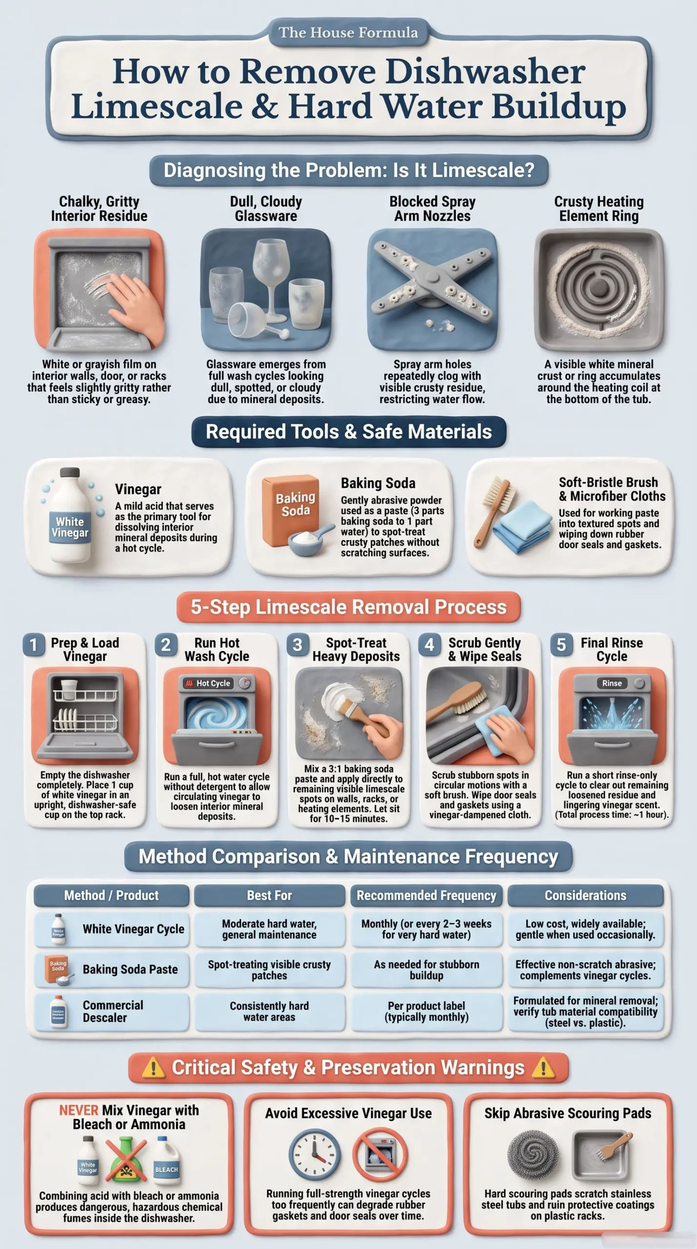 Detail Infographic of Removing Hard Water & Limescale Buildup in a Dishwasher