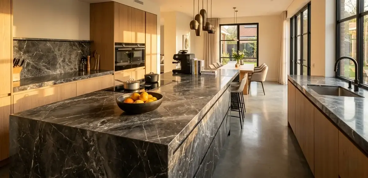 A close up view of a marble countertop showing the polished natural stone grain texture.