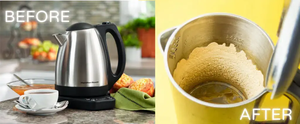 Visible white limescale buildup on the interior floor of an electric kettle.
