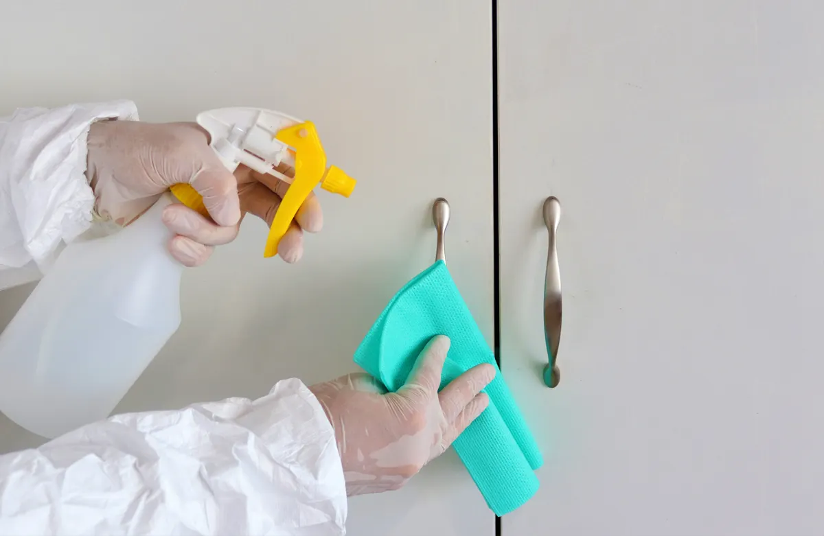 A selection of soft cloths and mild cleaning solutions for cabinet surfaces.