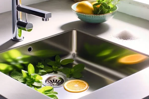 Bottles of homemade kitchen cleaner and natural ingredients sitting on a clean countertop.