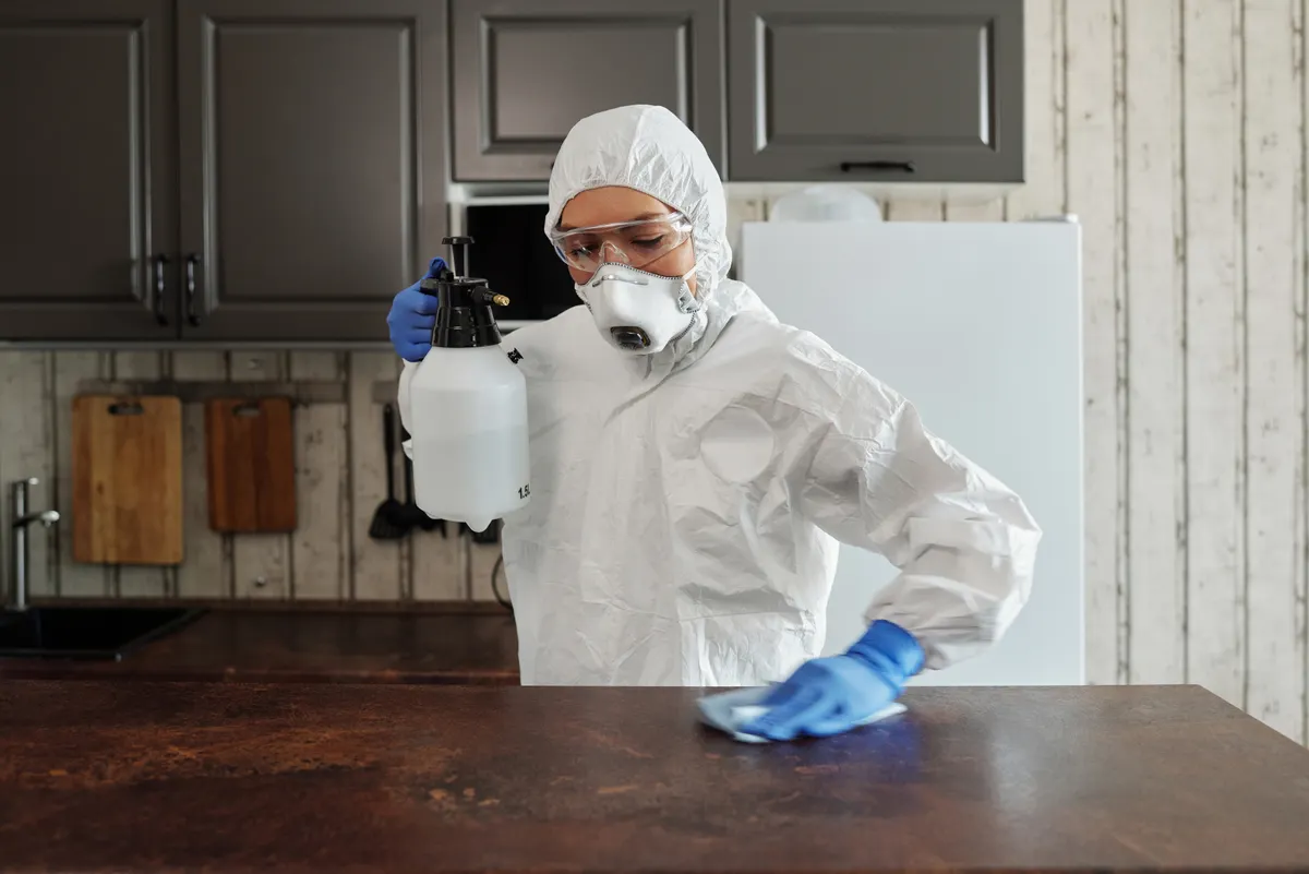 Disinfecting spray being applied to a clean kitchen sink and surrounding counter surface.