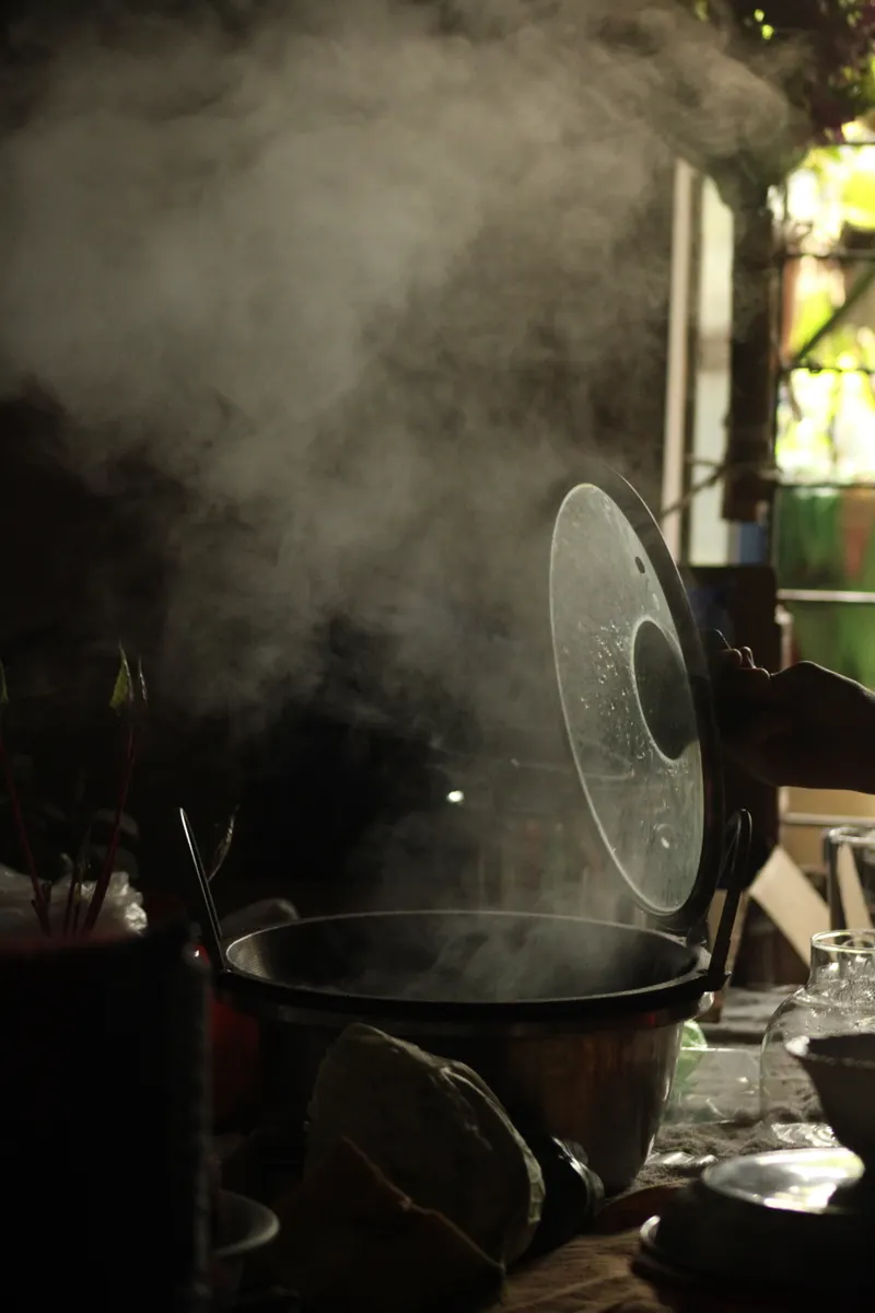 Chalky mineral film building up around a rice cooker steam vent from hard water.