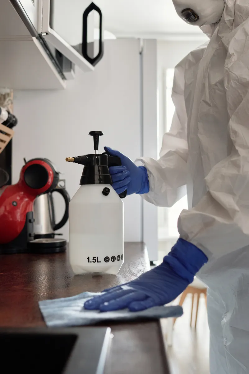 Testing a disinfectant on a small inconspicuous corner of the kitchen basin to prevent surface damage.